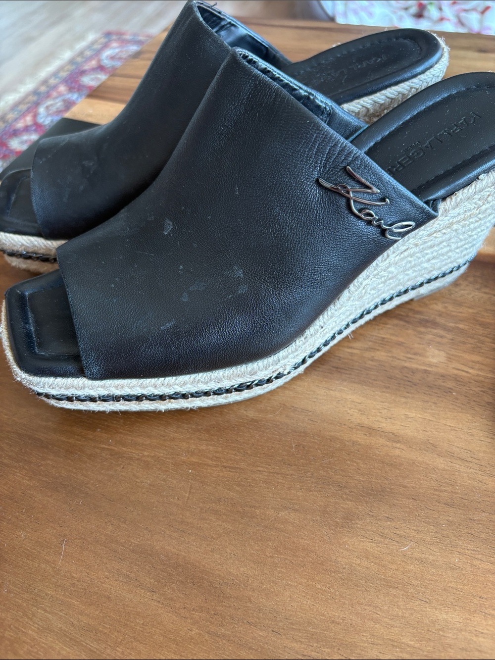 Karl Lagerfeld Black Leather Espadrille Wedge Slide